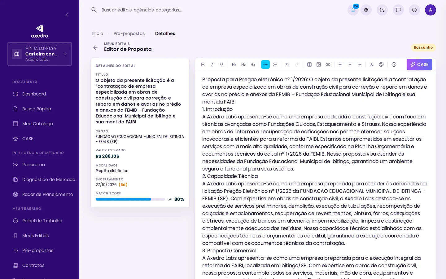 Editor de pré-proposta da Axedro com os detalhes do edital ao lado